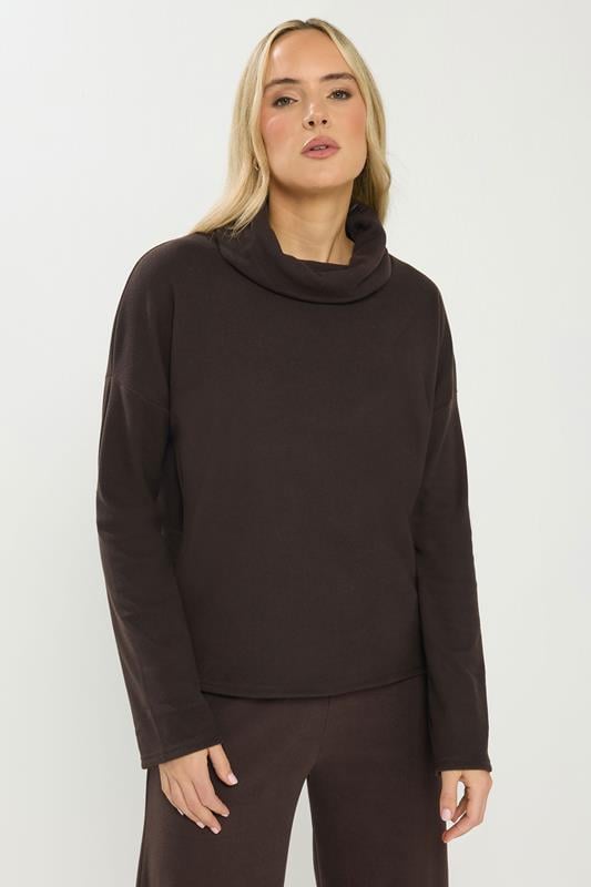 LTS Tall Chocolate Brown Roll Neck Brushed Ribbed Top