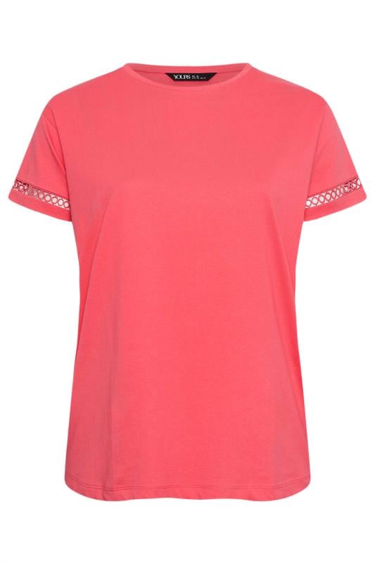 Yours Plus Size Coral Pink Crochet Trim Short Sleeve T-Shirt | Yours Clothing 5