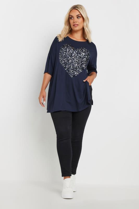 YOURS Plus Size Navy Blue Heart Sequin Embellished T-Shirt | Yours Clothing  2