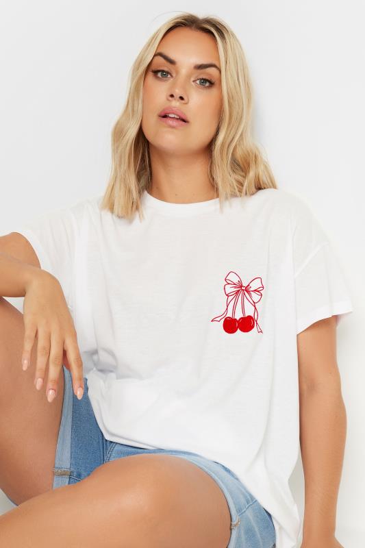 YOURS Plus Size White Embroidered Cherry T-Shirt | Yours Clothing  1