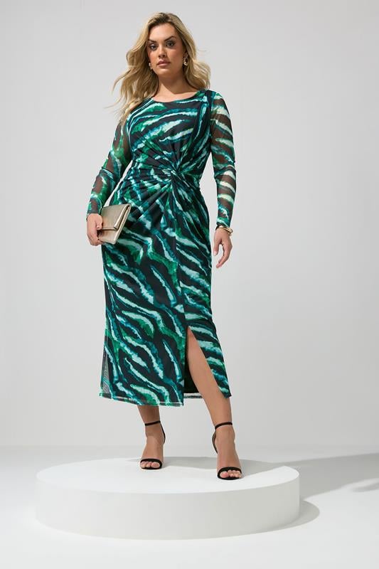  YOURS LONDON Curve Mint Green Zebra Mesh Side Knot Midi Dress