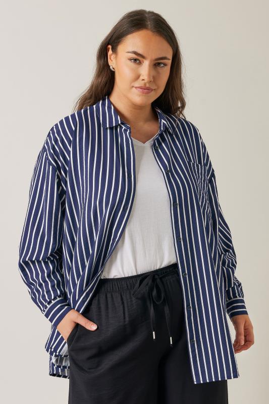 EVANS Curve Blue & White Stripe Girlfriend Shirt | Evans 2