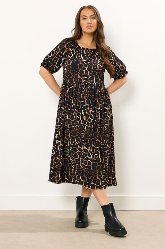 YOURS Plus Size Black Leopard Print Tie Neck Midi Dress | Yours Clothing 1