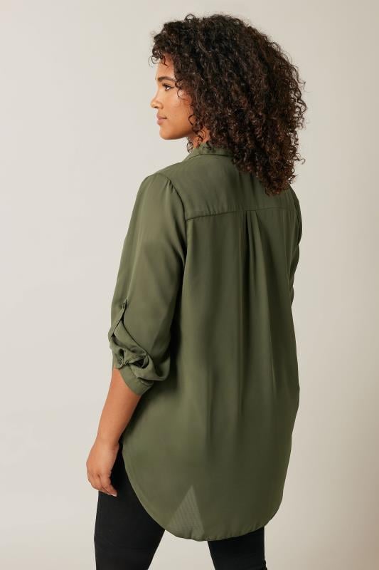 EVANS Plus Size Khaki Green Tab Sleeve Shirt | Evans  3