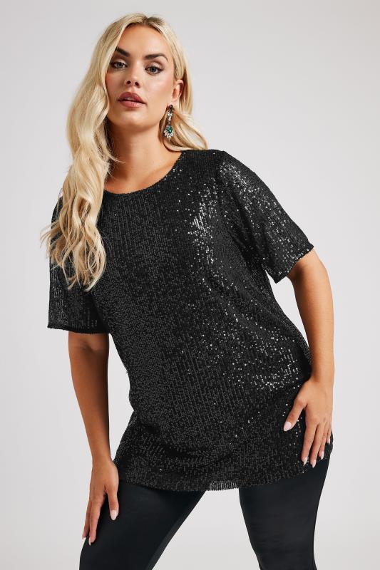 YOURS LONDON Plus Size Black Sequin Swing Top | Yours Clothing  1