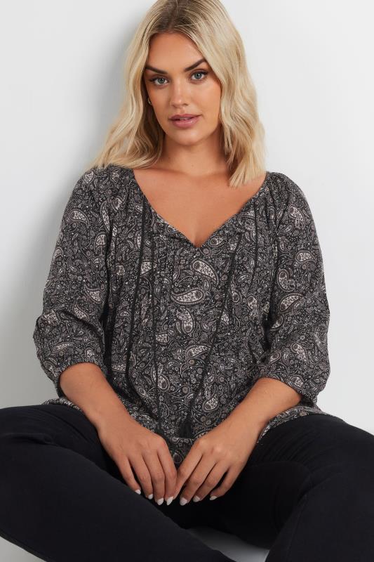 YOURS Plus Size Black Paisley Print Tie Neck Blouse | Yours Clothing 2