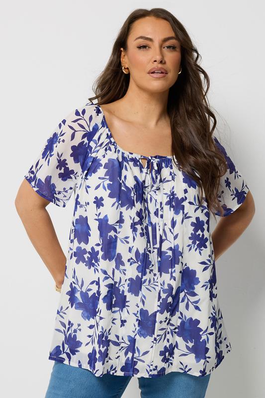  YOURS Curve Dark Blue Floral Short Sleeve Pintuck Blouse