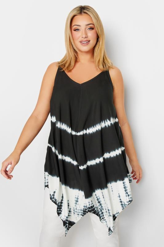 YOURS Plus Size Black Tie Dye Hanky Hem Vest Top | Yours Clothing 2