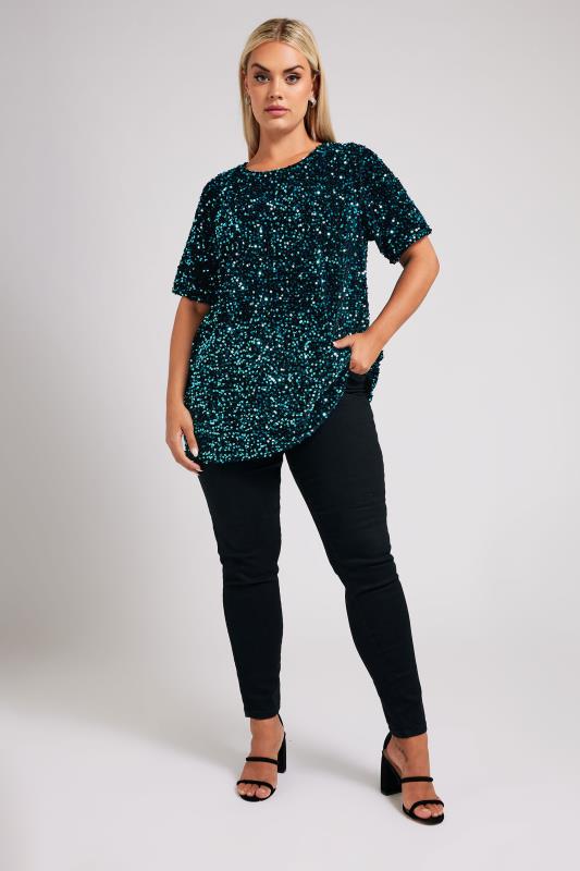 YOURS LONDON Plus Size Blue Velvet Sequin Top | Yours Clothing  4