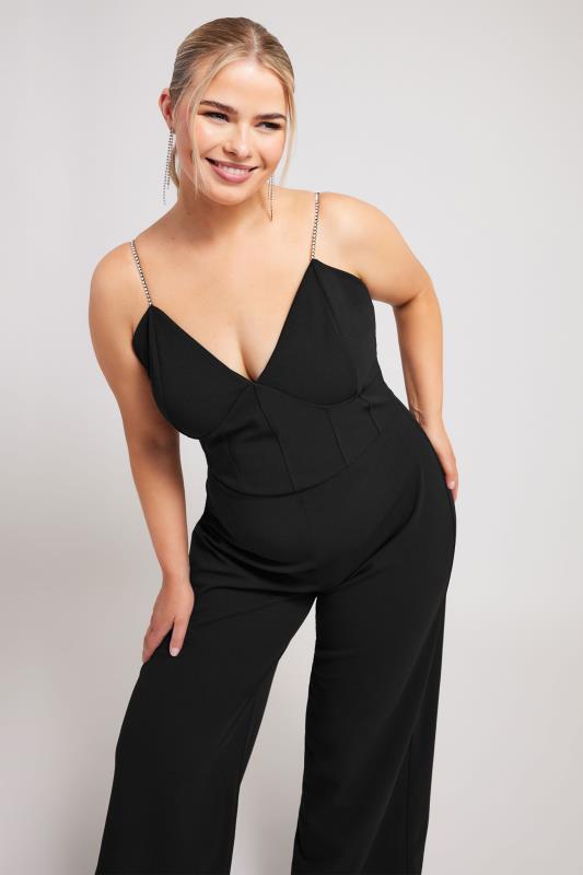 YOURS LONDON Plus Size Black Diamante Corset Jumpsuit | Yours Clothing 2