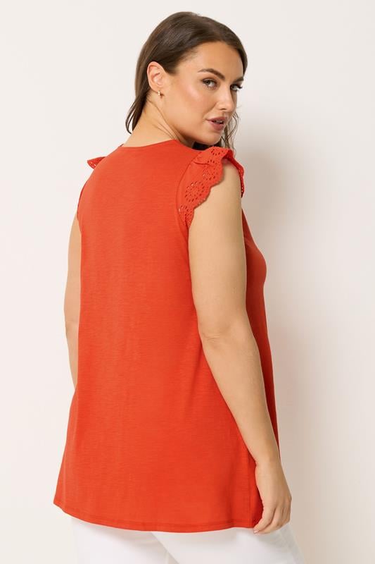 YOURS Plus Size Orange Broderie Frill Vest Top | Yours Clothing 2