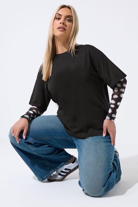 LIMITED COLLECTION Curve Black Polka Dot Sleeve T-Shirt