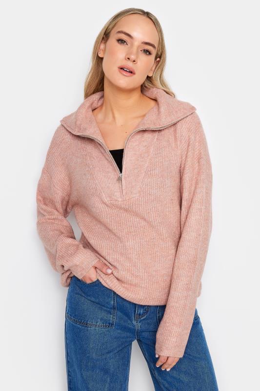 LTS Tall Women's Pink Marl Zip Funnel Neck Jumper | Long Tall Sally 1