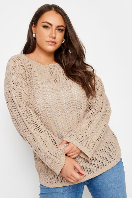 LIMITED COLLECTION Plus Size Natural Brown Flared Sleeve Pointelle Jumper | Yours Clothing 1