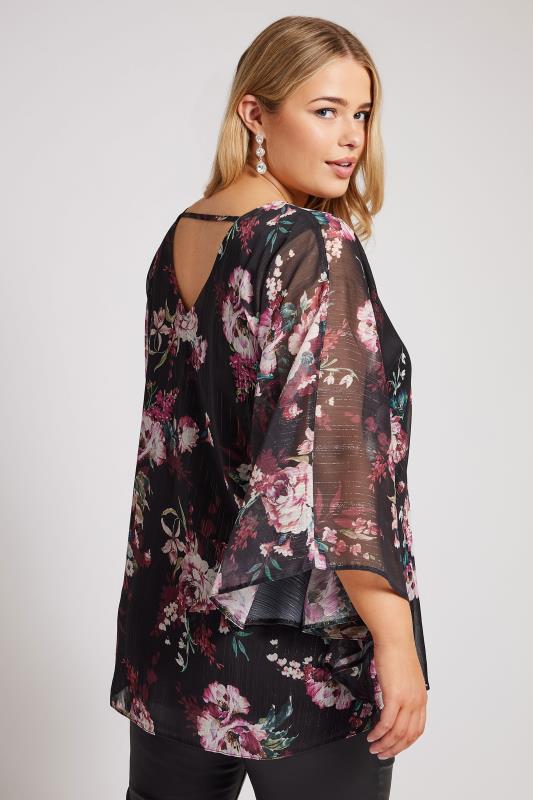 YOURS LONDON Plus Size Black Metallic Floral Print Cape Blouse | Yours Clothing 3