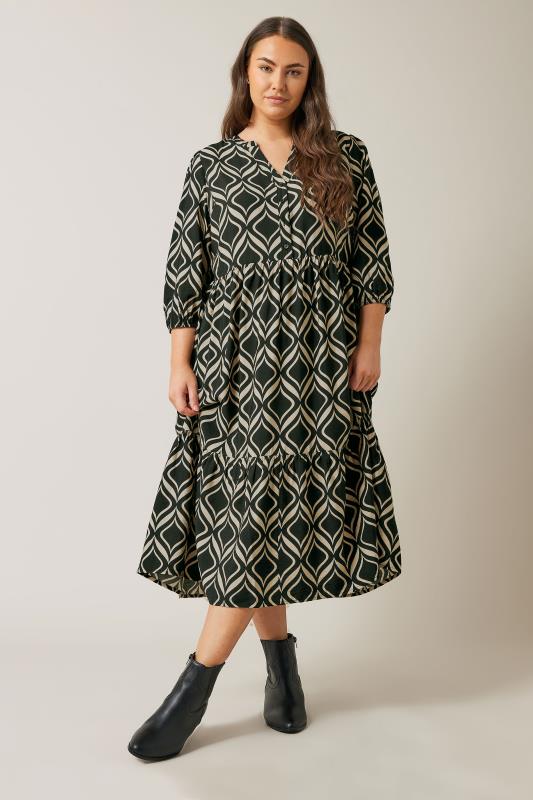 EVANS Plus Size Black Geometric Print Midi Dress Evans