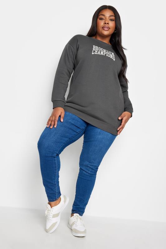 YOURS Plus Size Grey 'Brooklyn Champions' Slogan Sweatshirt | Yours Clothing 2