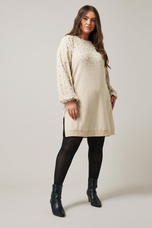 EVANS Plus Size Natural Brown Pearl Embellished Jumper Dress | Evans 3