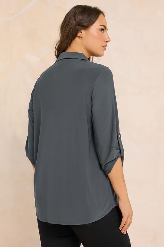 EVANS Plus Size Charcoal Grey Tab Sleeve Blouse | Evans 2