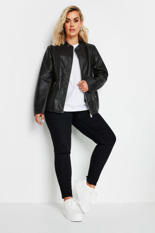 YOURS Plus Size Black Collarless Faux Leather Jacket | Yours Clothing  4