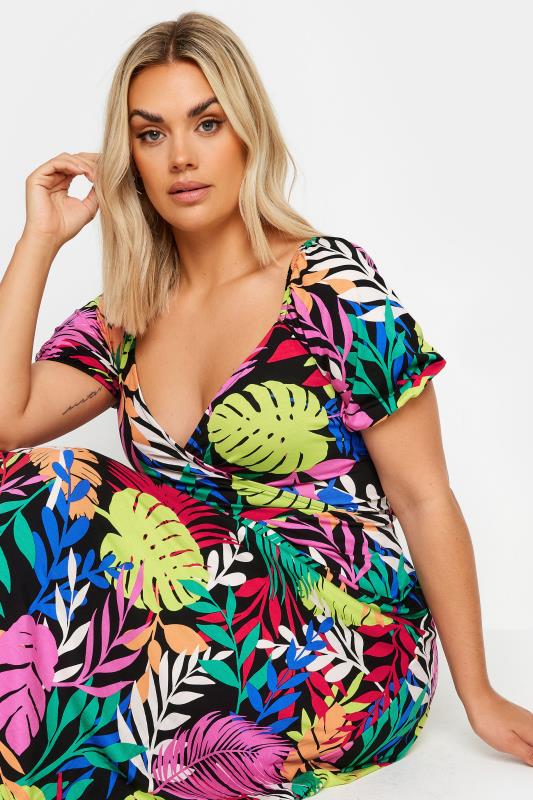 YOURS Plus Size Black Rainbow Leaf Print Wrap Dress | Yours Clothing 4