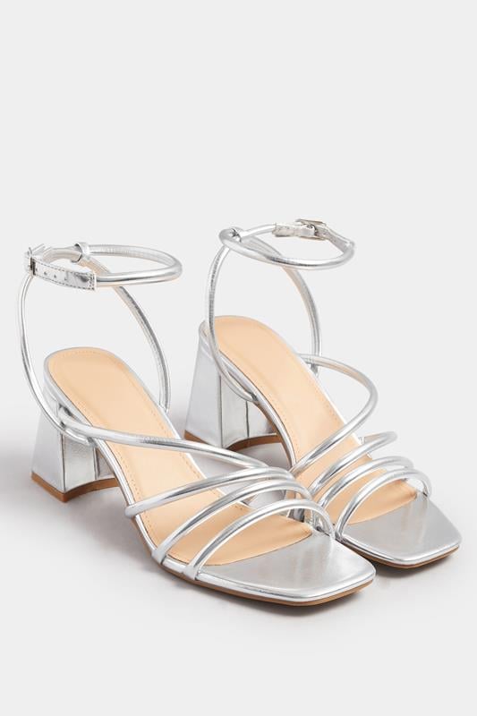 Silver Aysmmetric Strappy Block Heels In Standard Fit | Yours Clothing 1