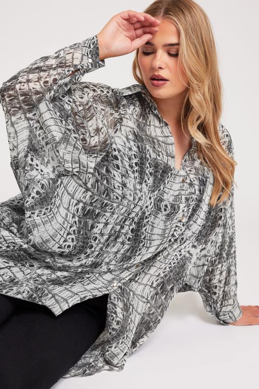 YOURS LONDON Plus Size Grey Snake Print Longline Batwing Sleeve Shirt | Yours Curve 1