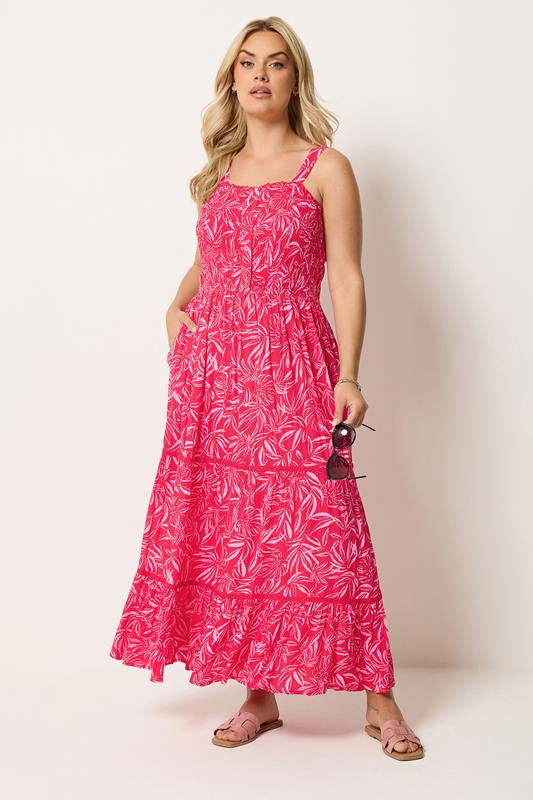  YOURS Curve Red Leaf Print Tiered Maxi Dress