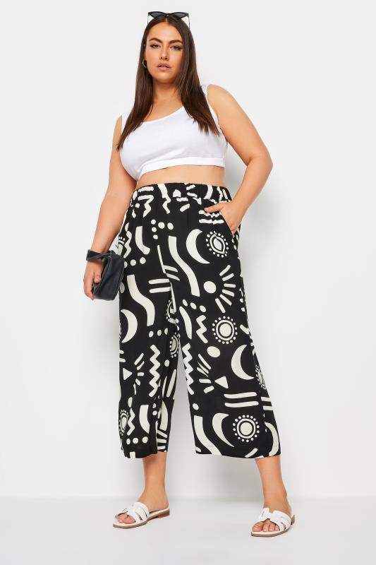 YOURS Plus Size Black Abstract Print Wide Leg Cropped Trousers | Yours Clothing 3