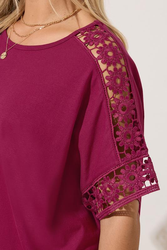 YOURS Curve Dark Pink Crochet Sleeve Boxy T-Shirt | Yours Clothing 4