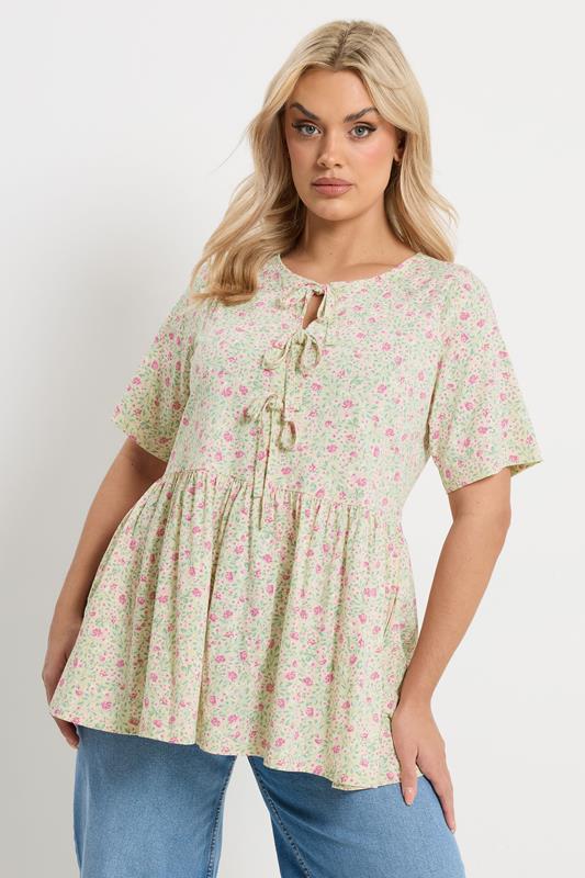 YOURS Curve Ivory White Floral Bow Front Peplum Top
