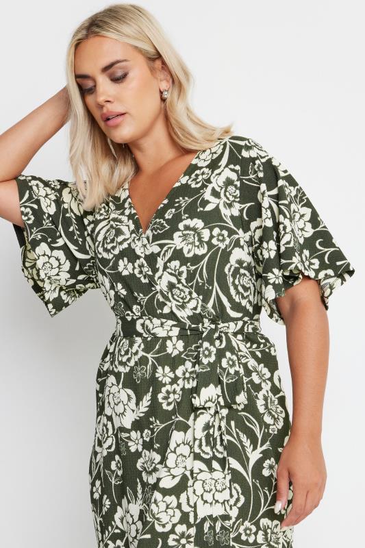 YOURS Plus Size Khaki Green Floral Print Textured Wrap Dress | Yours Clothing 4