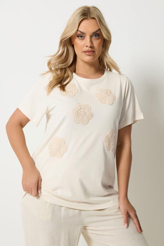YOURS Plus Size Cream Daisy Applique T-Shirt | Yours Clothing 1