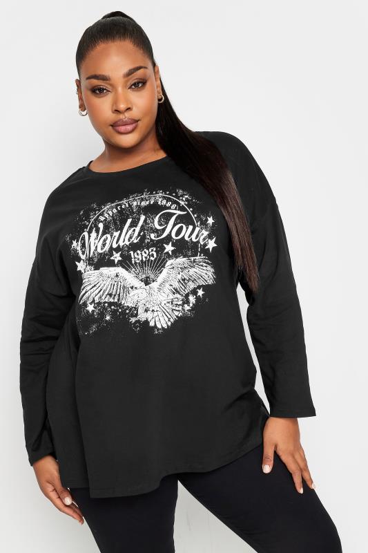 YOURS Plus Size Black 'World Tour' Slogan Print Top | Yours Clothing 1