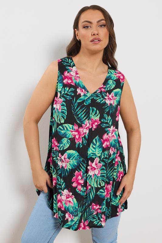 YOURS Curve Black Tropical Pleat Front Vest Top