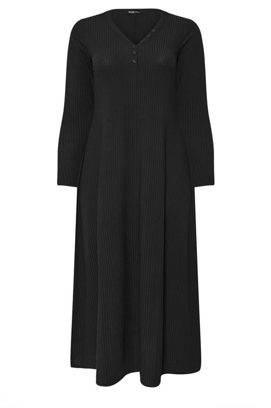 YOURS Plus Size Black Ribbed Henley Maxi Dress | Yours Clothing 5