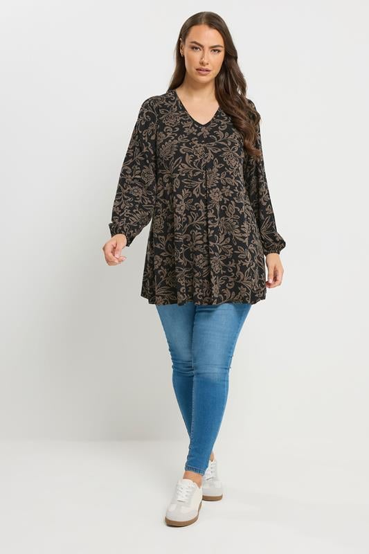 YOURS Plus Size Brown Floral Pleat Front Top | Yours Clothing 1