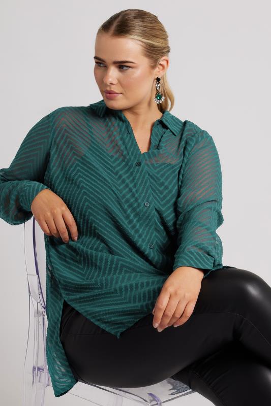 YOURS LONDON Plus Size Green Burnout Chevron Shirt | Yours Clothing  1