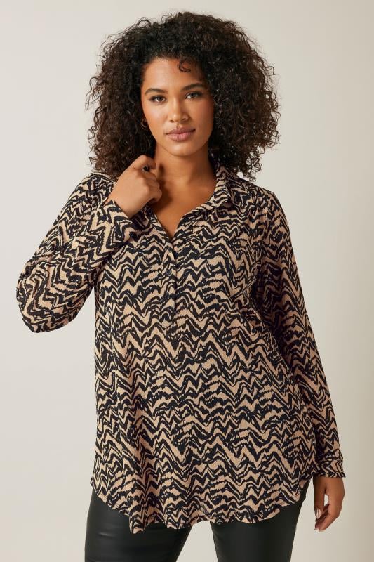 EVANS Plus Size Natural Brown Abstract Print Half Placket Shirt | Evans  1