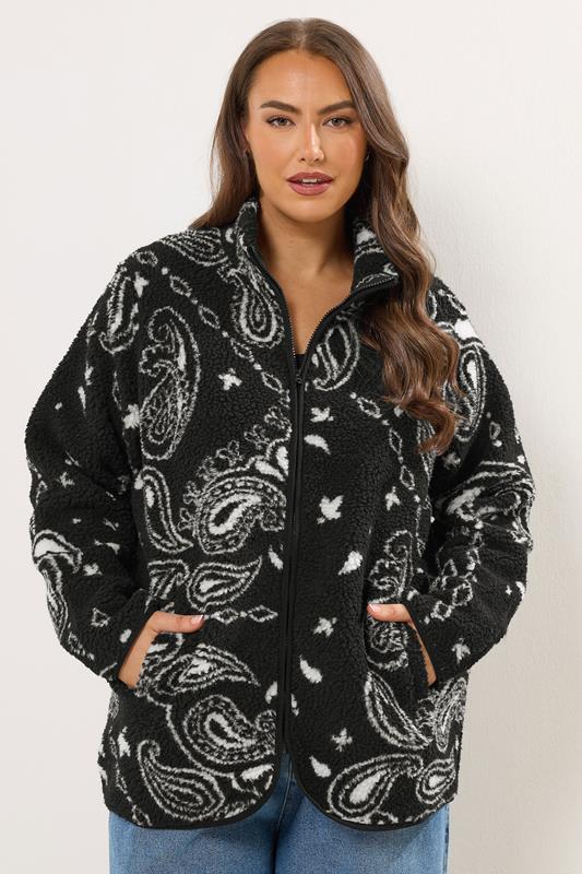 YOURS Plus Size Black Paisley Print Teddy Fleece Jacket | Yours Clothing 1