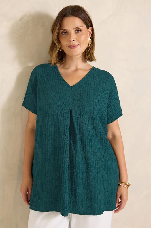  EVANS Curve Teal Green Pleat Front Swing Top