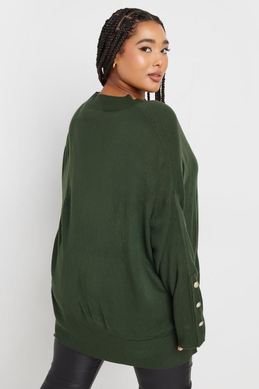 YOURS Plus Size Forest Green Button Sleeve Jumper | Yours Clothing  3