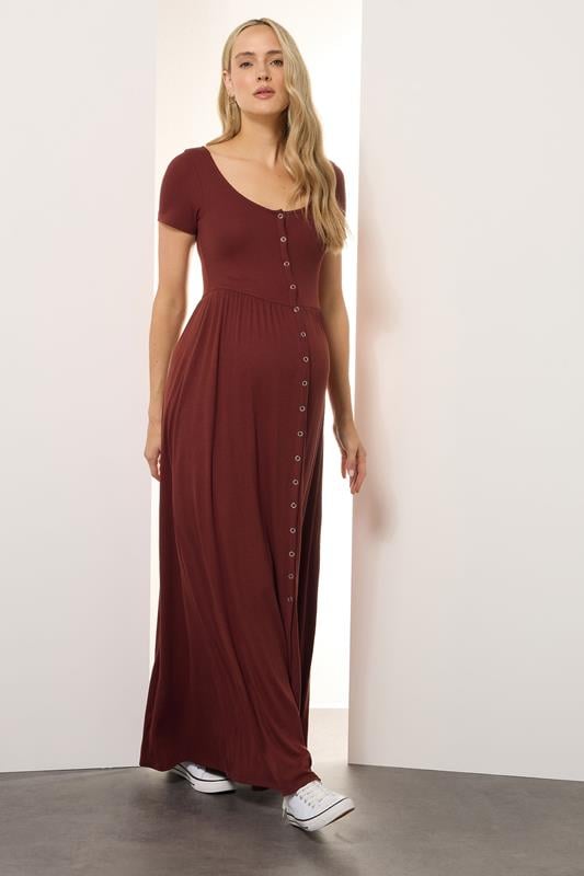 LTS Tall Maternity Rust Brown Ribbed Button Maxi Dress | Long Tall Sally 1