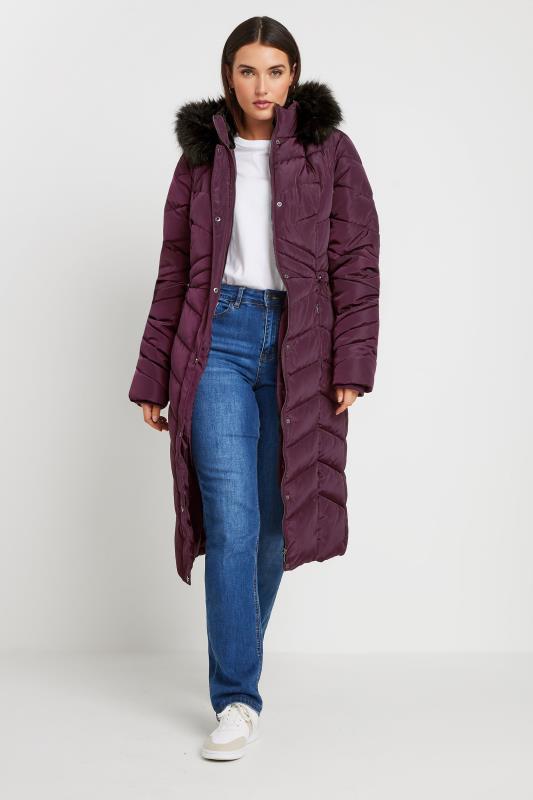 LTS Tall Women's Burgundy Red Faux Fur Trim Padded Longline Coat | Long Tall Sally 3