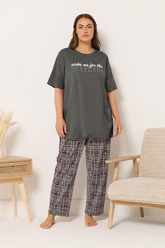 YOURS Plus Size Grey 'Wake Me For The Weekend' Slogan Pyjama Top | Yours Clothing 2
