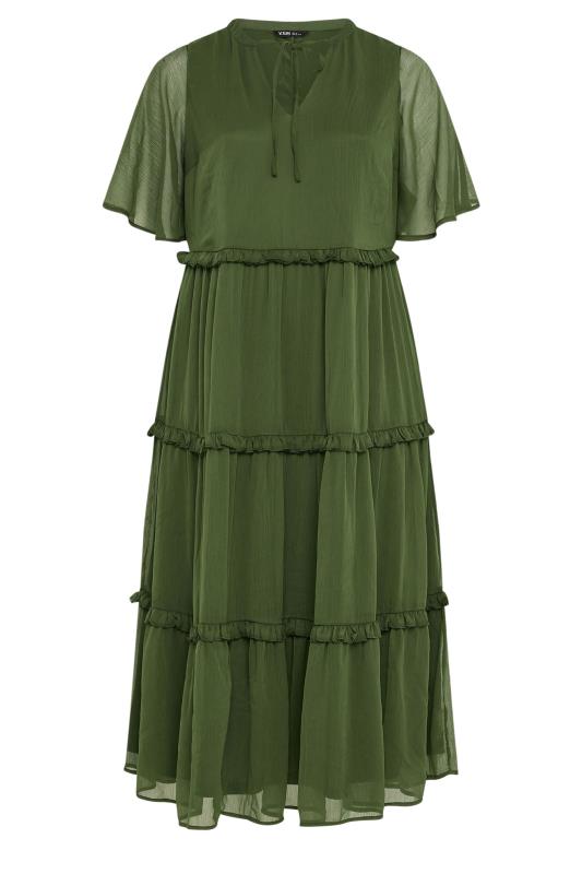 YOURS Plus Size Khaki Green Chiffon Tiered Midaxi Dress | Yours Clothing  5