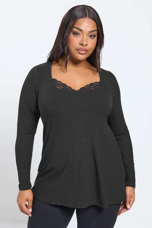 YOURS Plus Size Black Lace Insert Swing Top | Yours Clothing 1