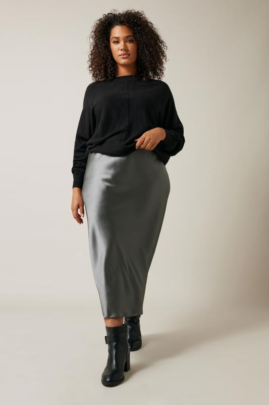 EVANS Plus Size Grey Satin Midi Skirt | Evans 2