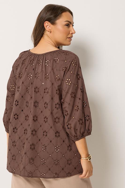 YOURS Curve Chocolate Brown Floral Broderie Anglaise Top | Yours Clothing 2