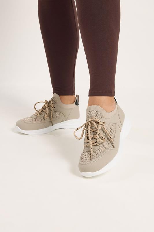  Yours Natural Brown Knitted Trainers In Extra Wide EEE Fit